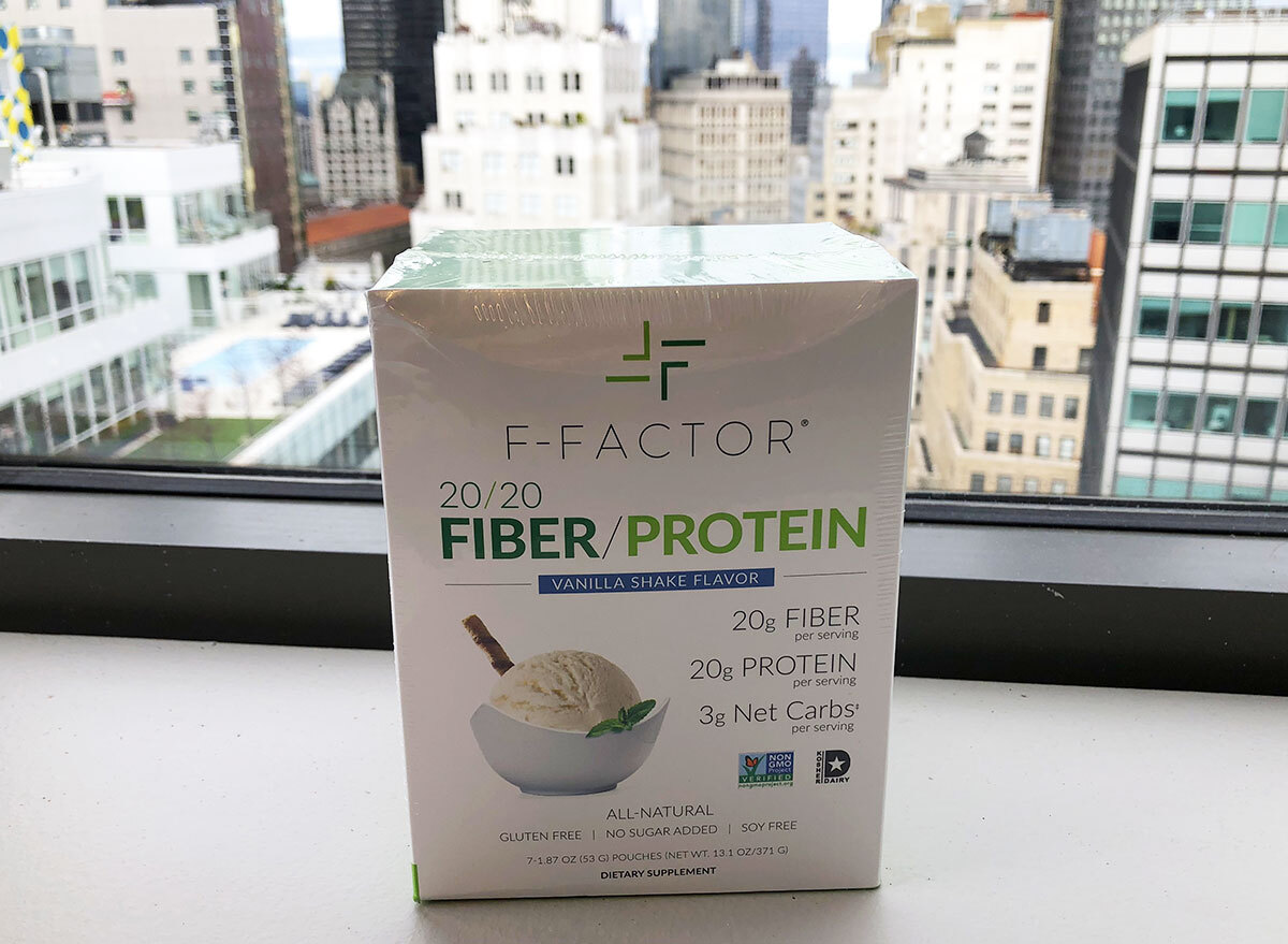 packaged box of vanilla shake flavored f-factor protein powder