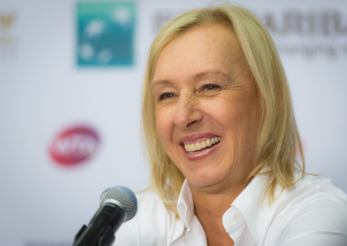 Martina Navratilova talking to media at the 2015 WTA Finals