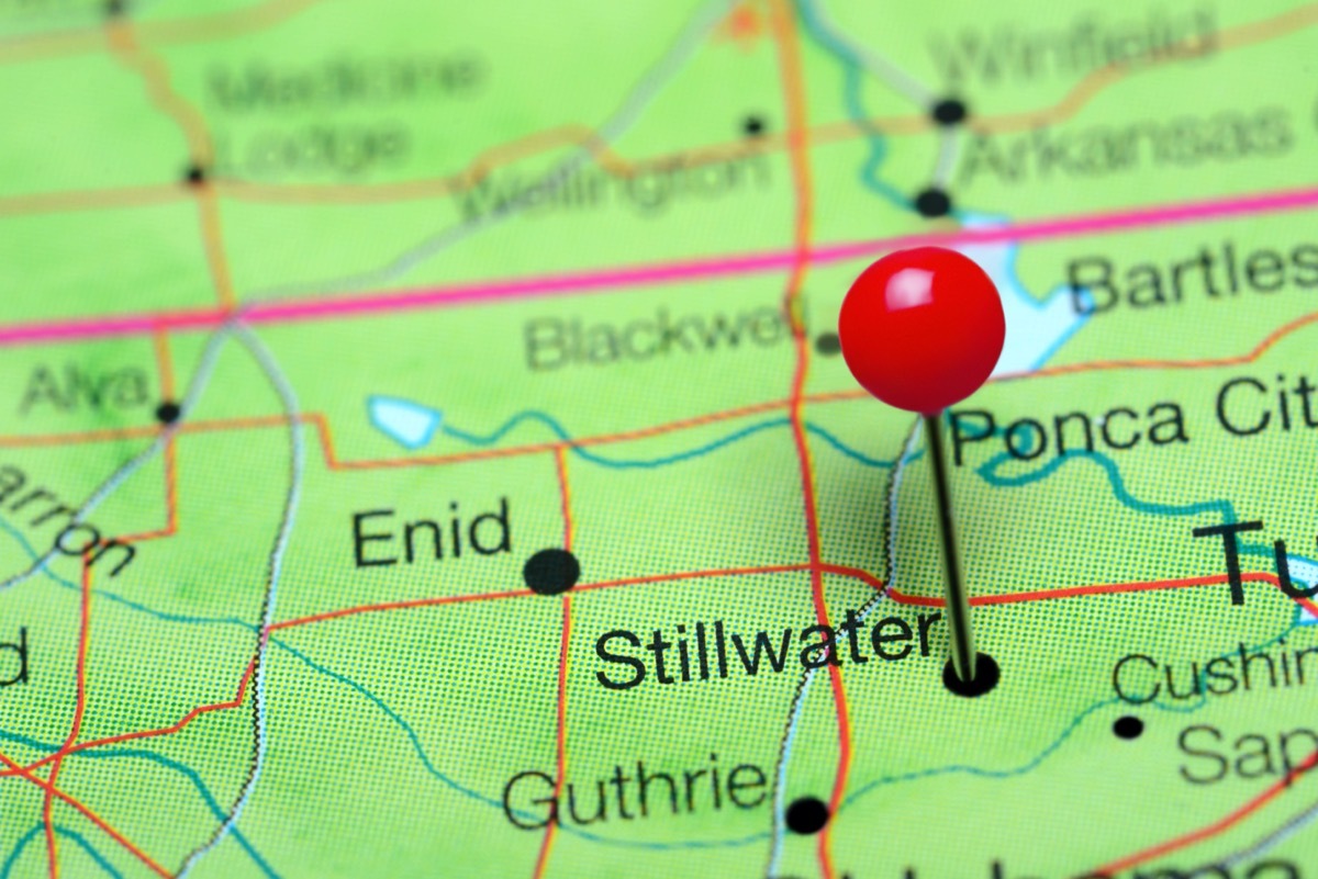 Stillwater pinned on a map of Oklahoma, USA