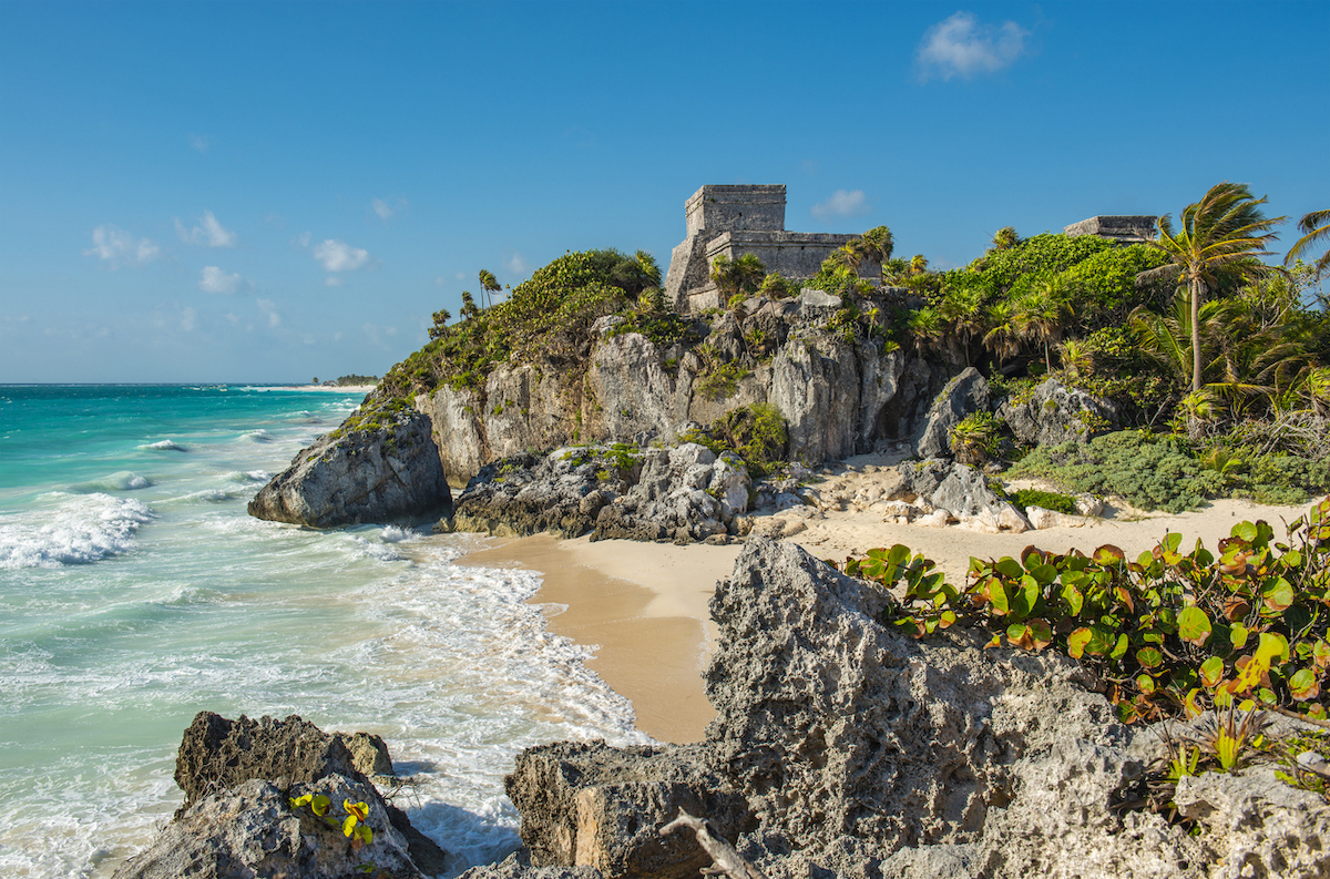 The Mayan archaeological site of Tulum with its famous beach by the Caribbean Sea, Quintana Roo state, Yucatan Peninsula, Mexico