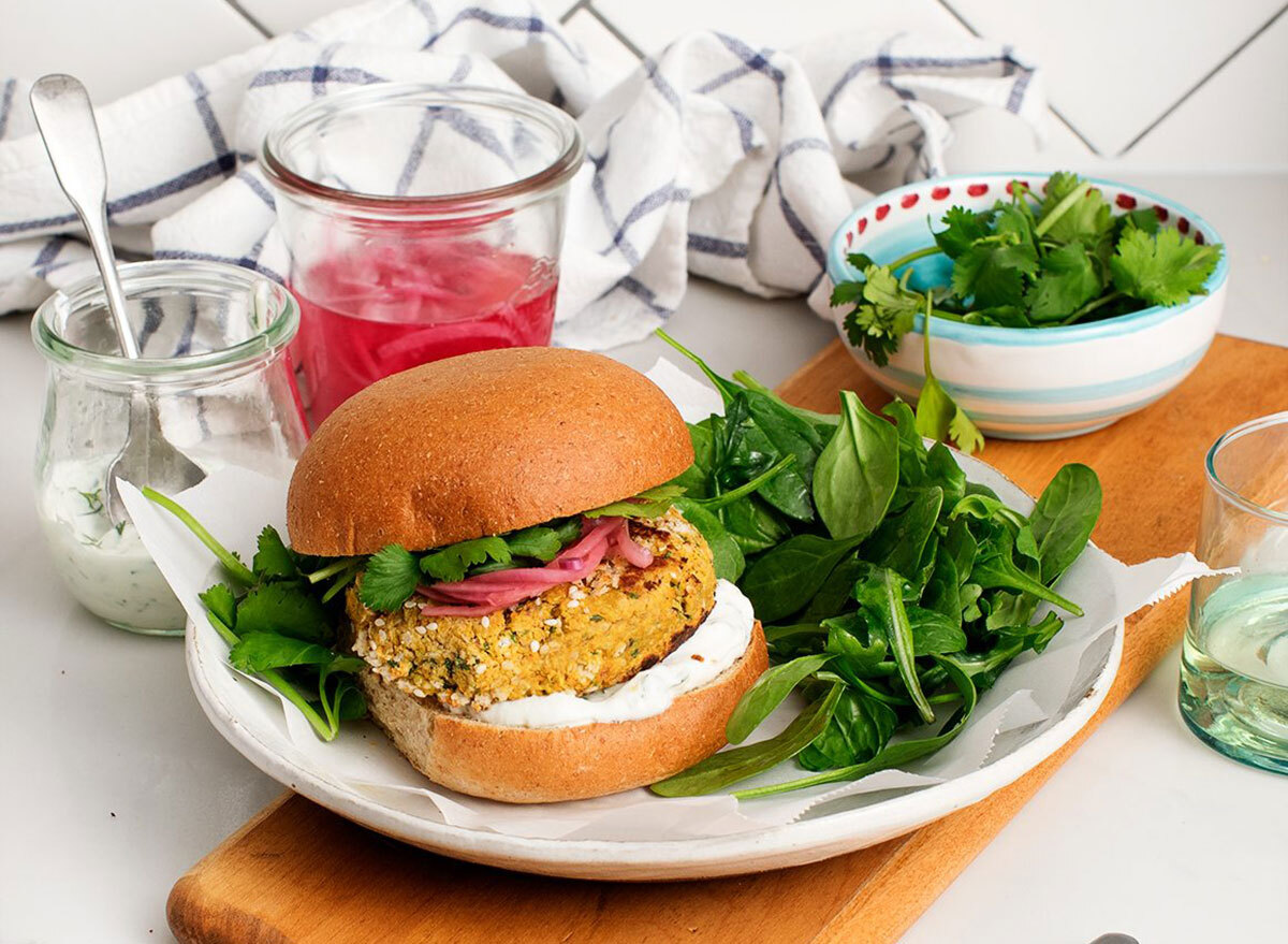 falafel burger with salad and juice