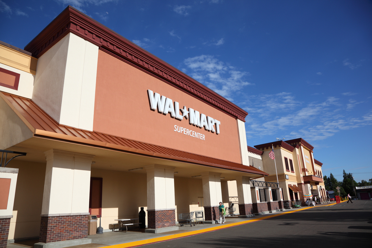 The entrance to a Walmart Supercenter store in California.