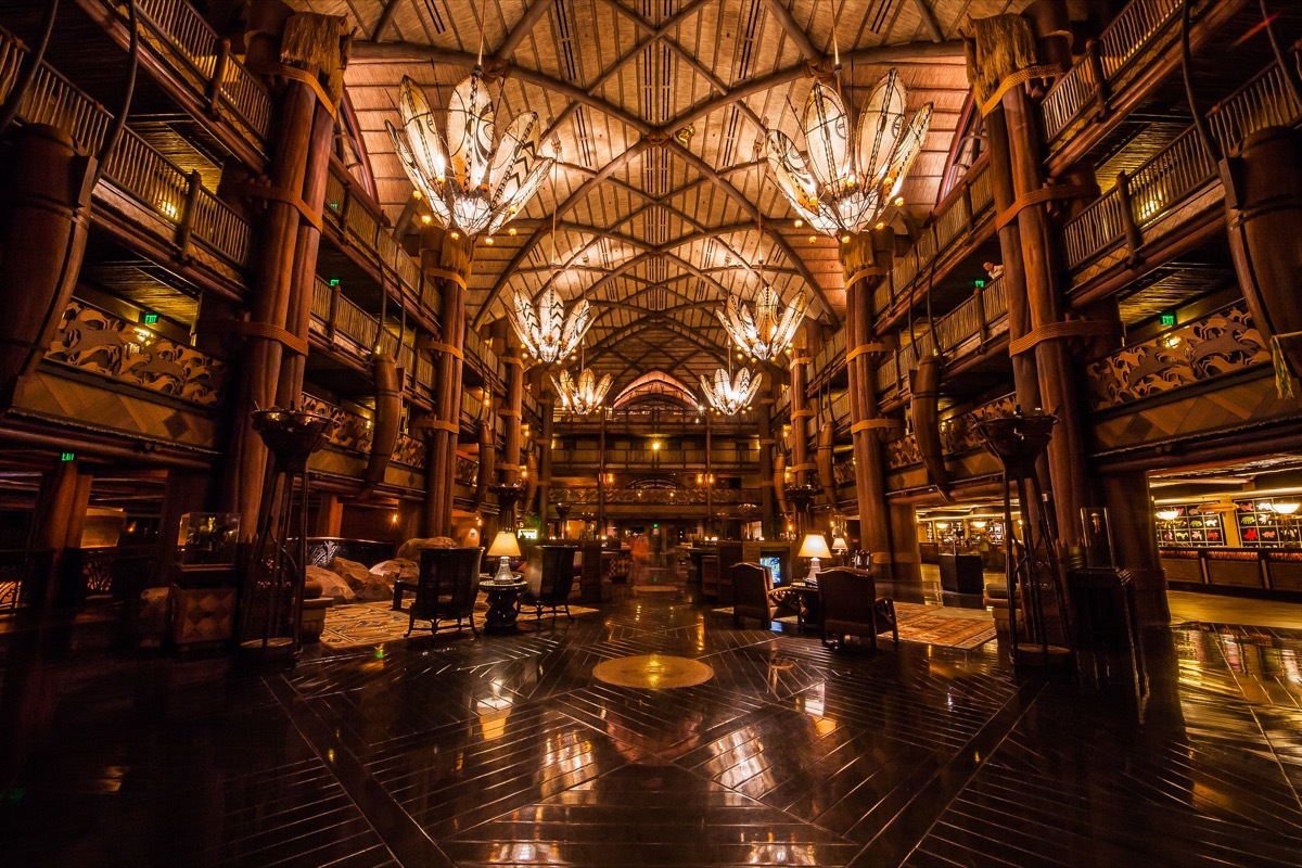 the inside of disney animal kingdom lodge during nighttime