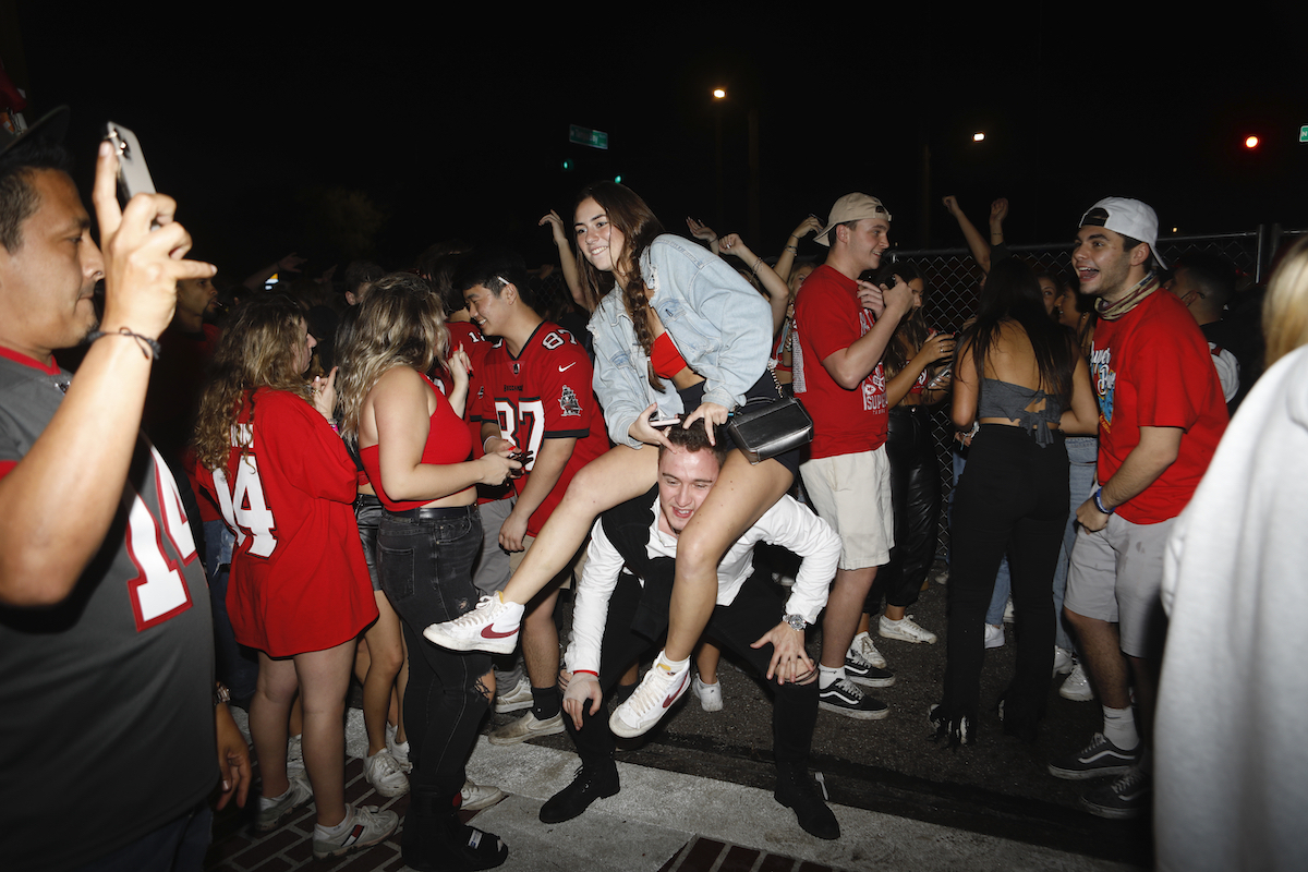 Football Fans Gather In Tampa To Watch To Super Bowl LV Between The Tampa Bay Buccaneers And The Kansas City Chiefs