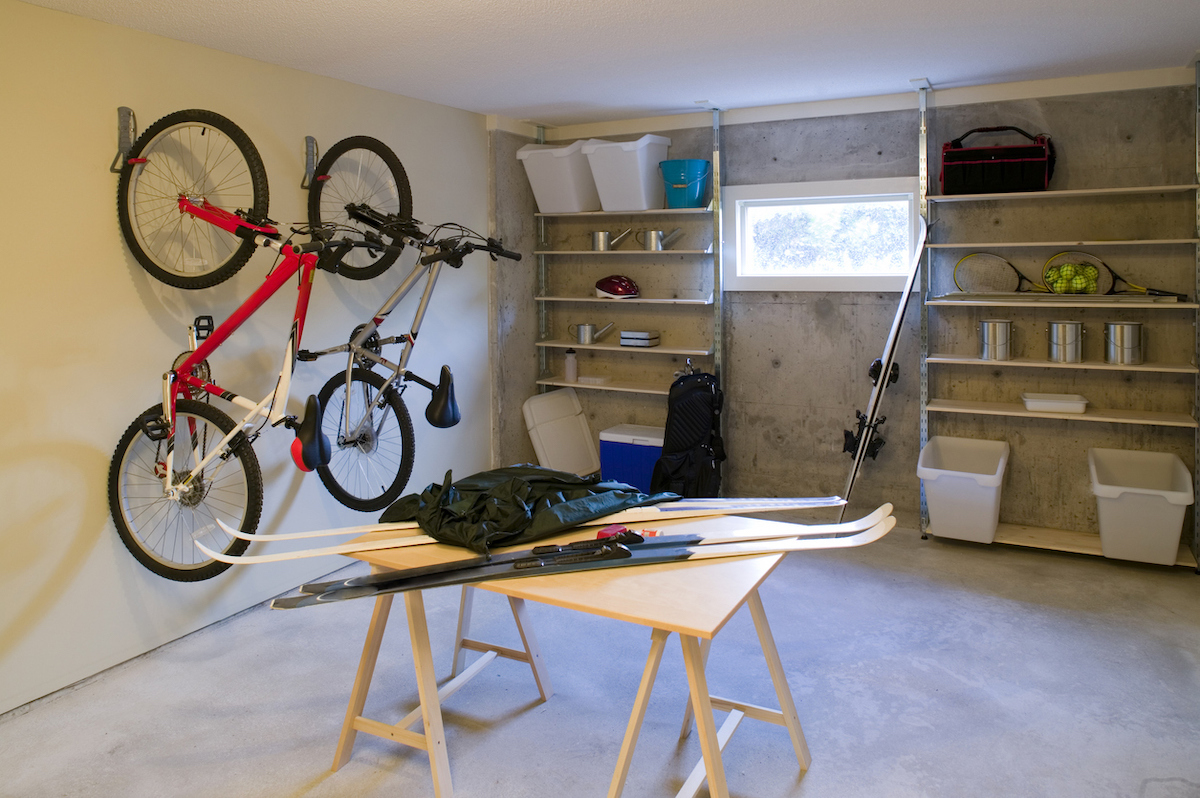 Basement with shelves and sports equipment