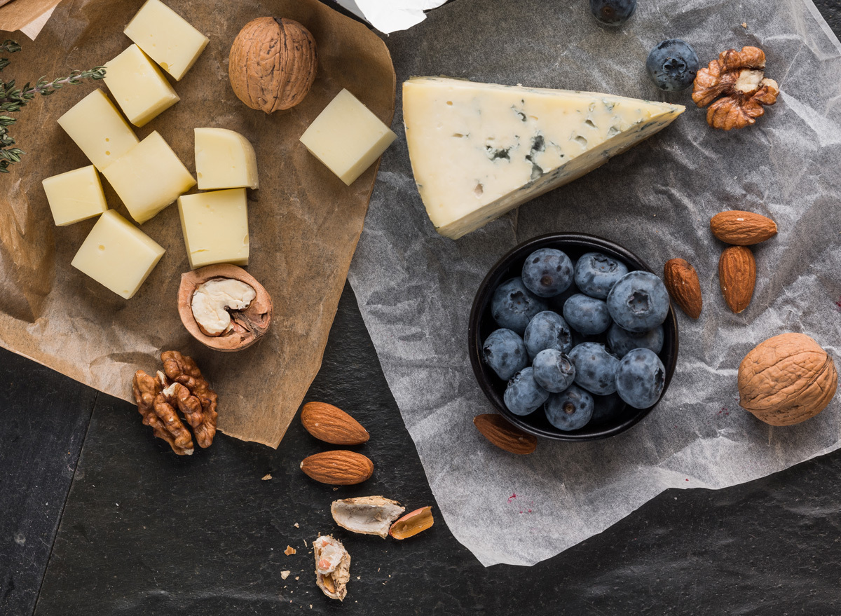 Cubed cheese blueberries walnuts almonds