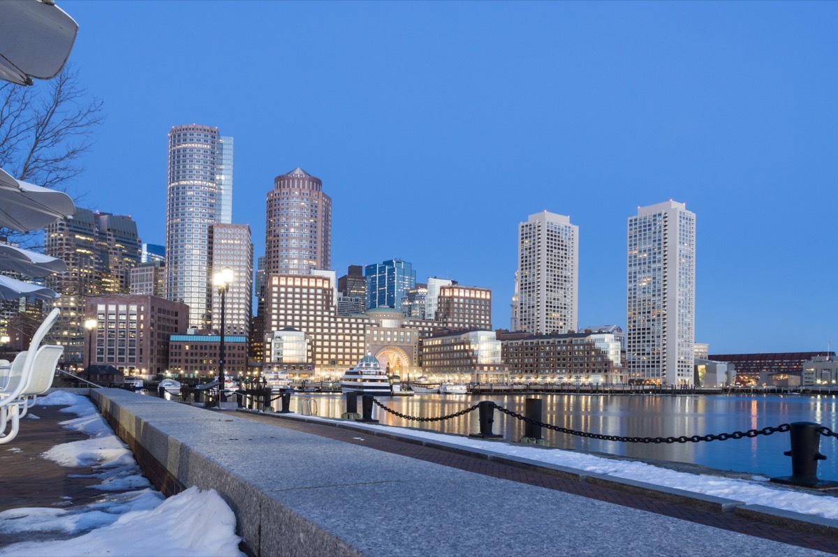 Boston waterfront covered in snow in the winter