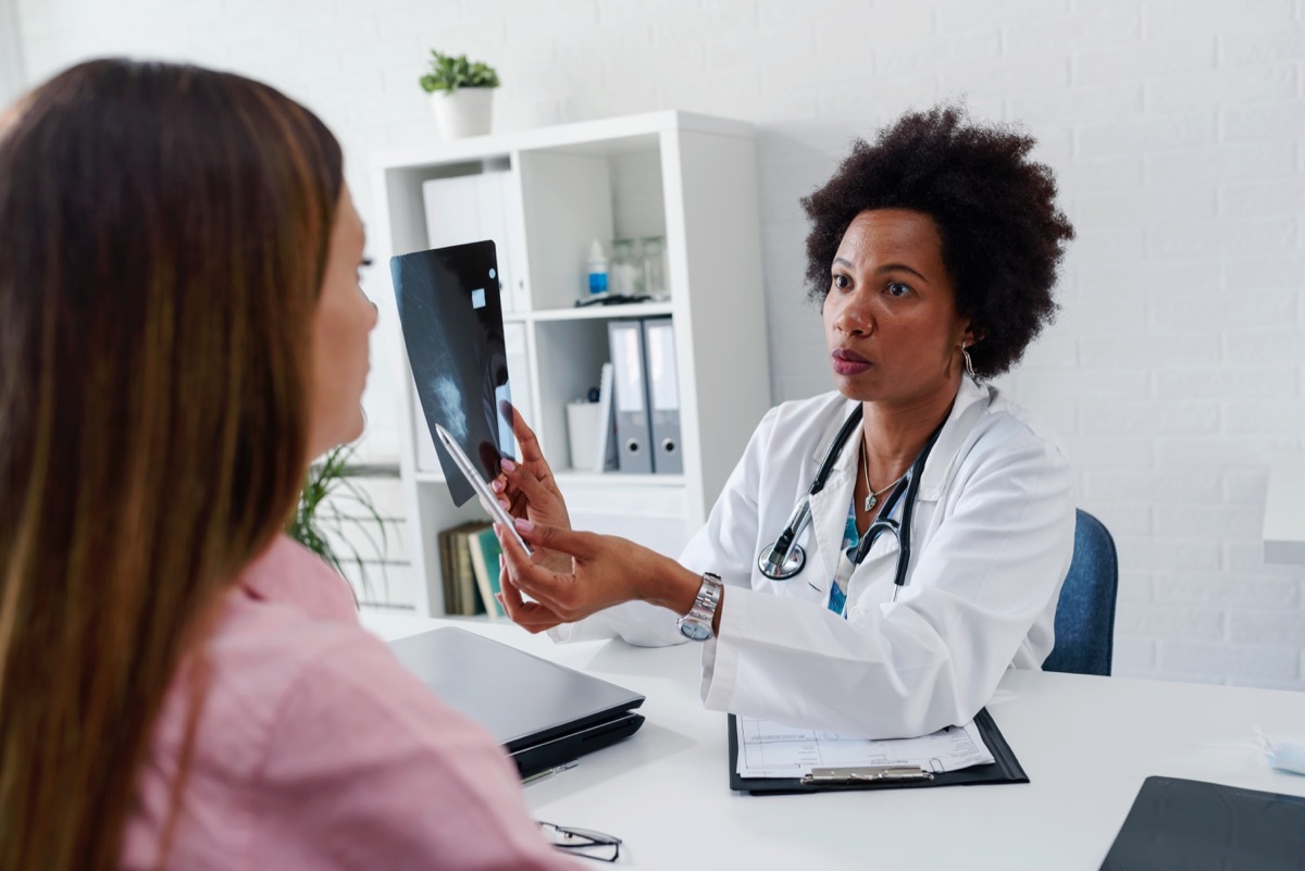 female doctor showing her patient results from a breast screening