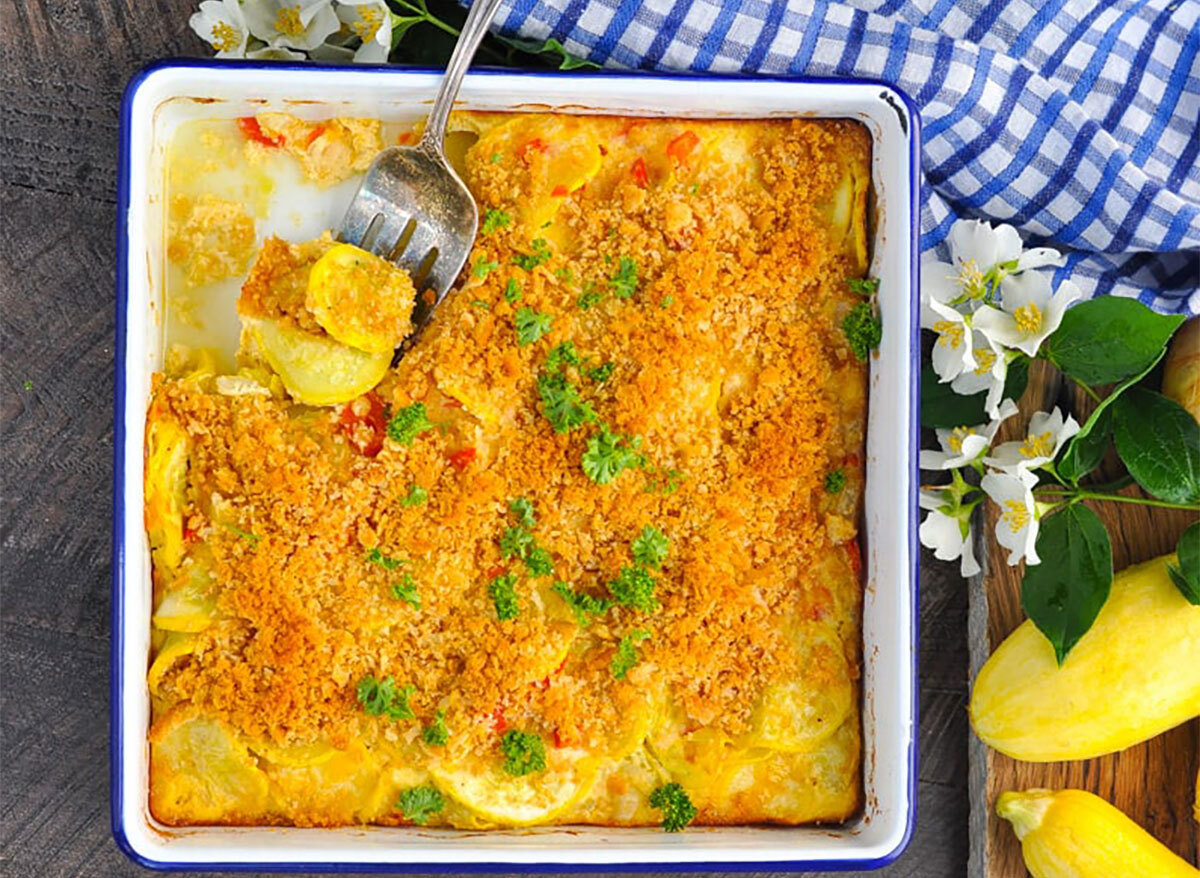 squash casserole in baking dish