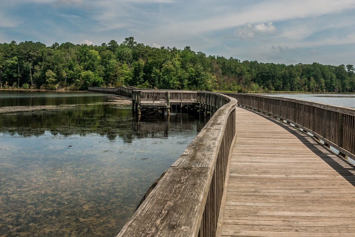 wooden bridge and beach in newport news, virginia